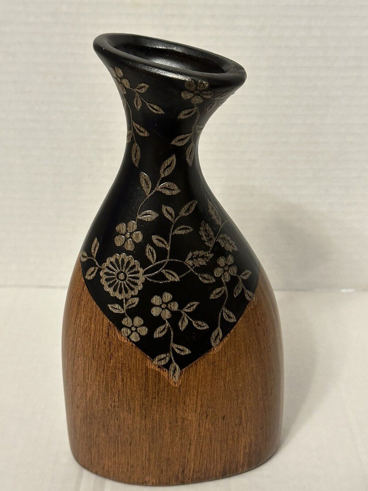 Heritage Mint Faux Wood Ceramic Bud Vase Floral Etch Brown Black Art Deco 2009