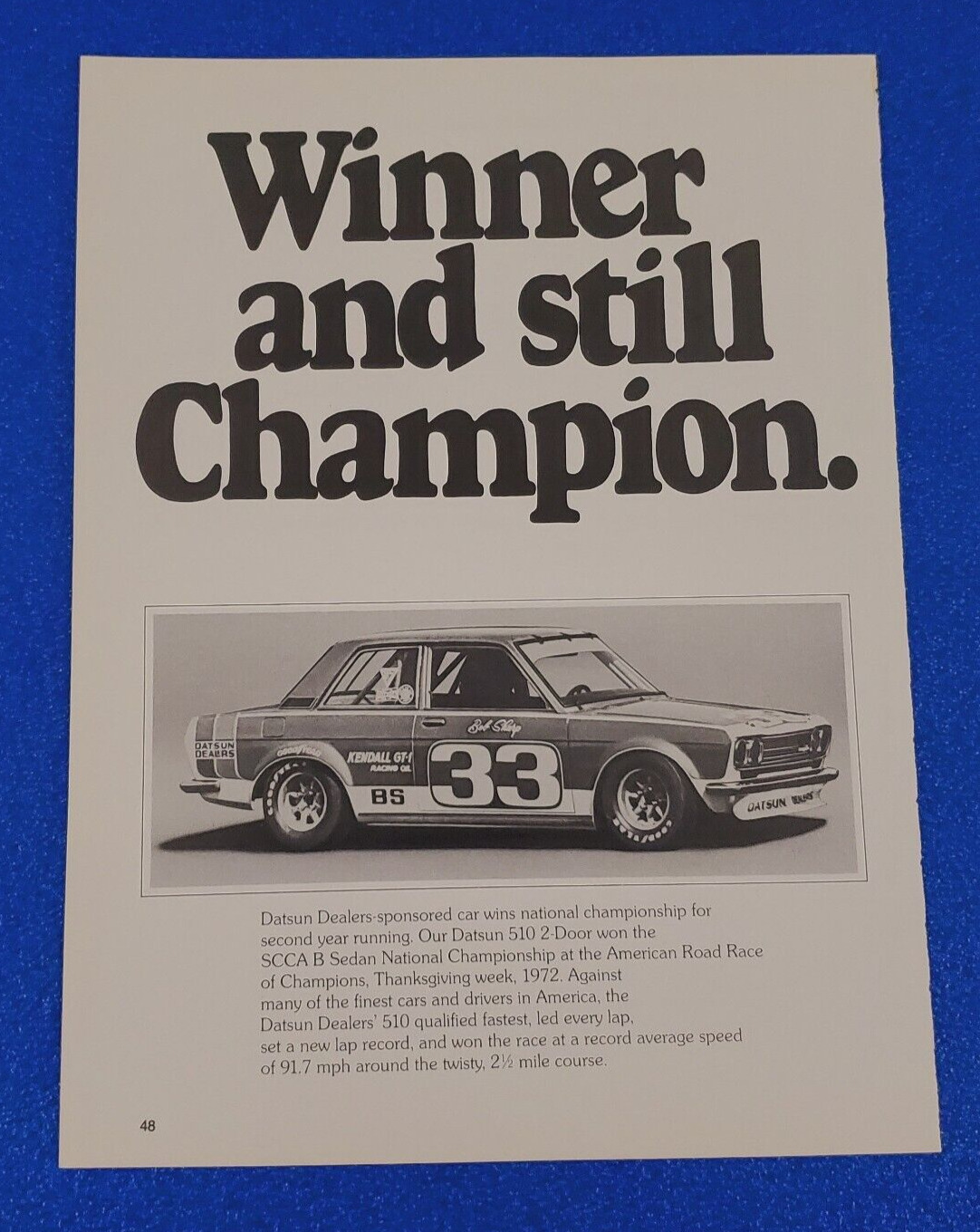 1972 DATSUN 510 RACE CAR #33 SCCA NATIONAL CHAMPION ORIGINAL PRINT AD SHIPS FREE