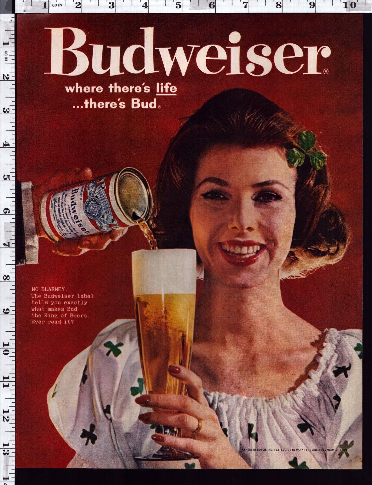 1961 Vintage Print Ad Budweiser Beer can lady glass USA