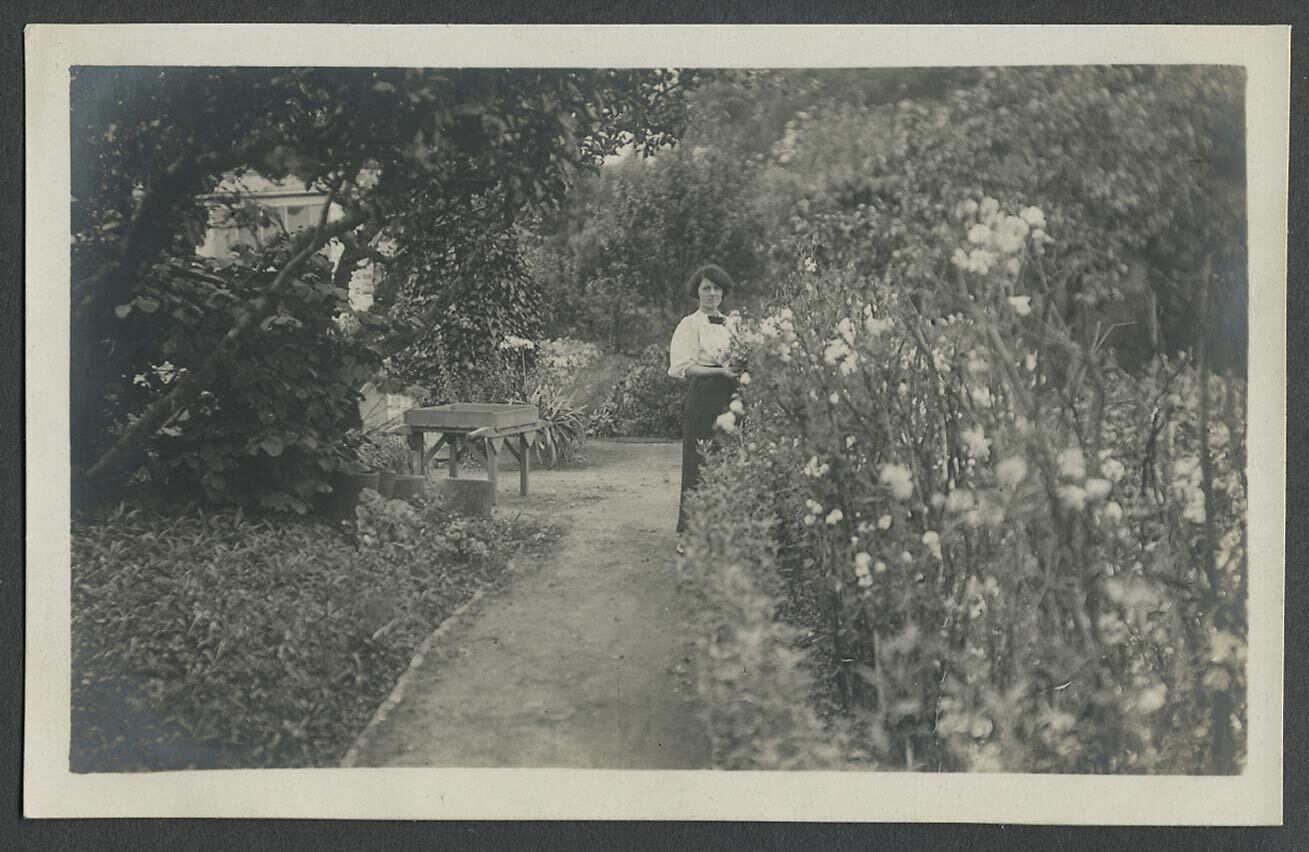 c.1910s-20s Artistic RPPC Real Photo Postcard WOMAN IN HER FANCY FLOWER GARDEN