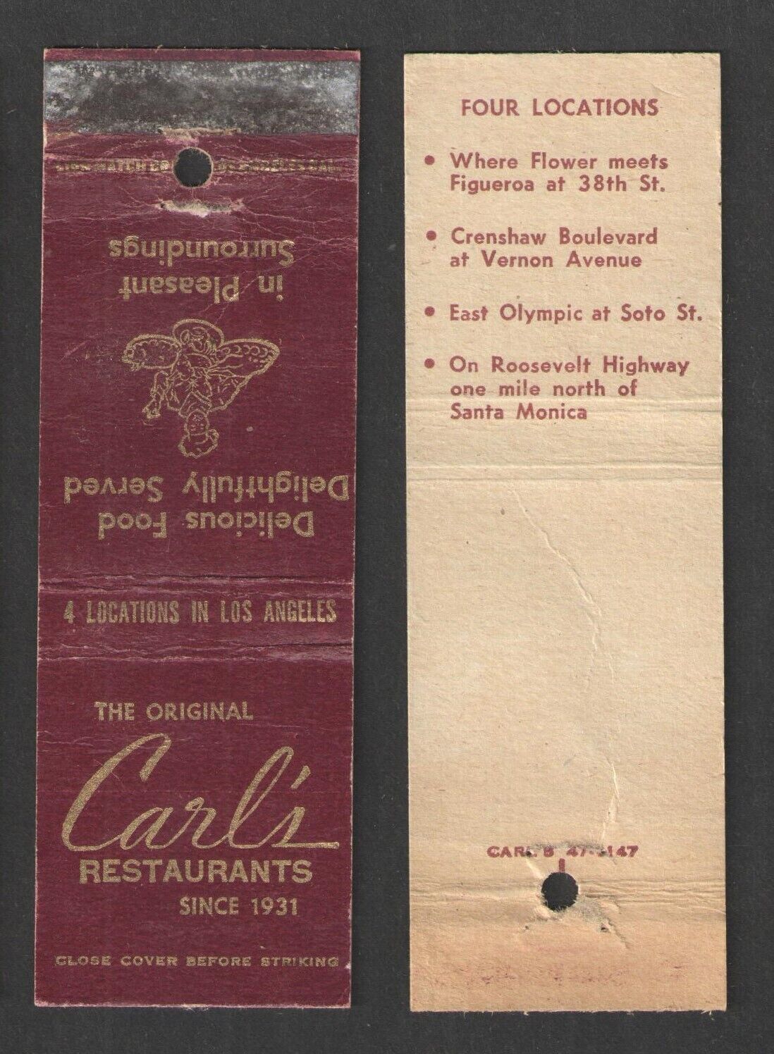 THE ORIGINAL CARL\'S RESTAURANTS LOS ANGELES CALIFORNIA {2-SIDED} MATCHBOOK COVER