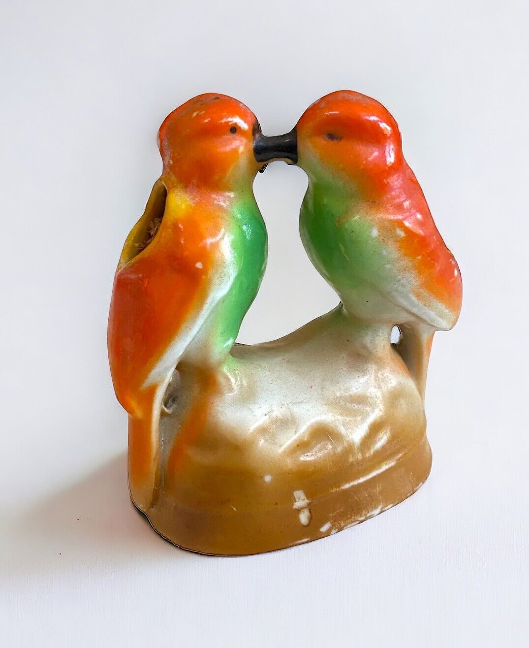 Vtg love Bird Planter Ceramic Orange potpourri holder figurine pair MCM Decor