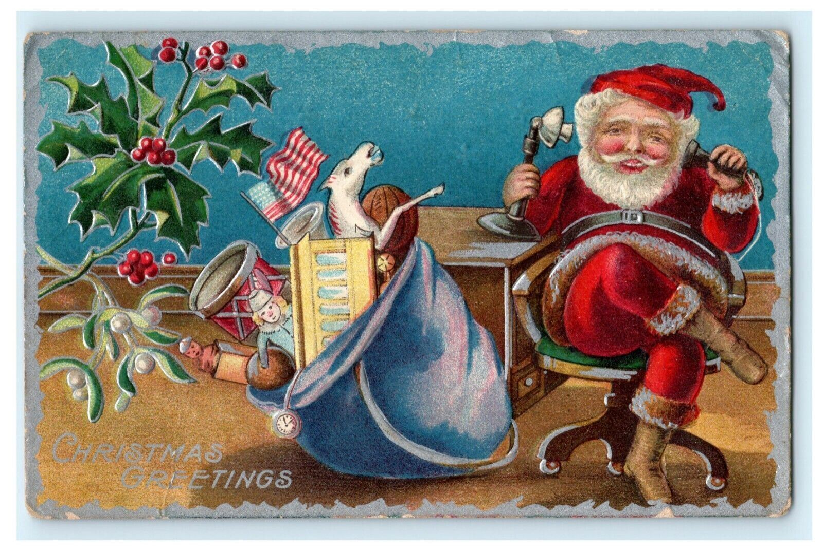 Christmas Santa Sack Toys Old Phone Embossed 1909 Vintage Antique Postcard