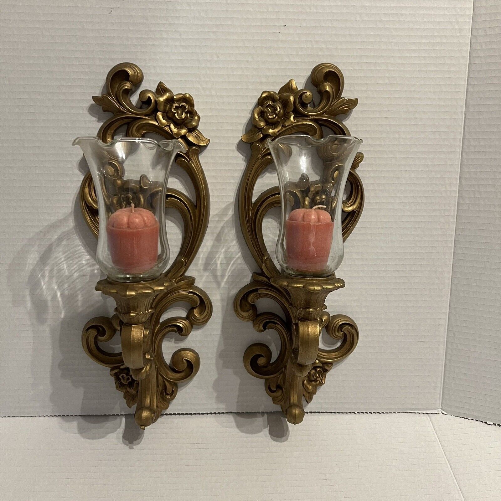 Vintage Pair HOMCO Gold Ornate Wall Sconce Candle Holder #4118 Hollywood Regency