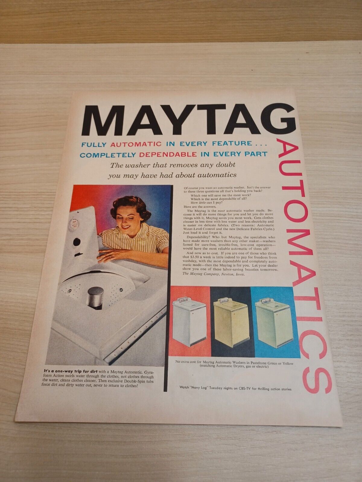 Maytag Automatics Washer Washing Machine 1955 Vintage Print Ad Life Magazine