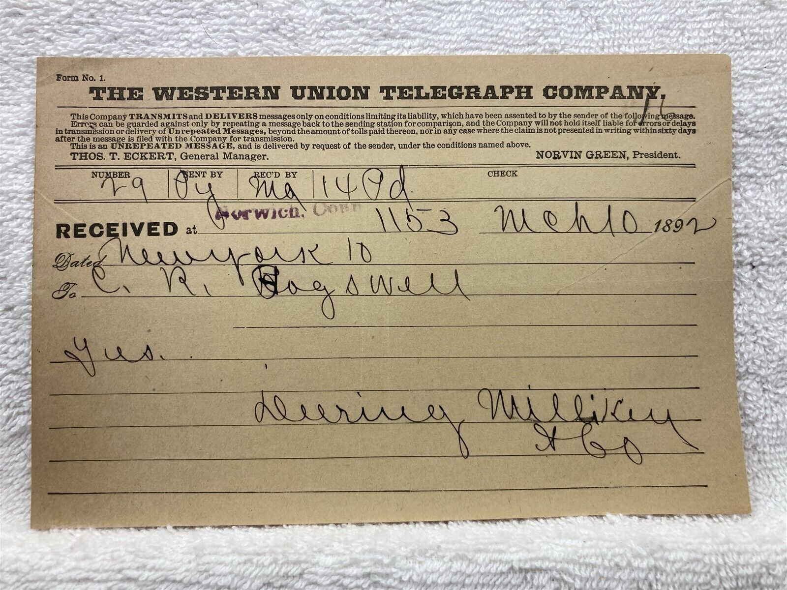1892 Western Union Telegraph New York City Norwich CT Vtg