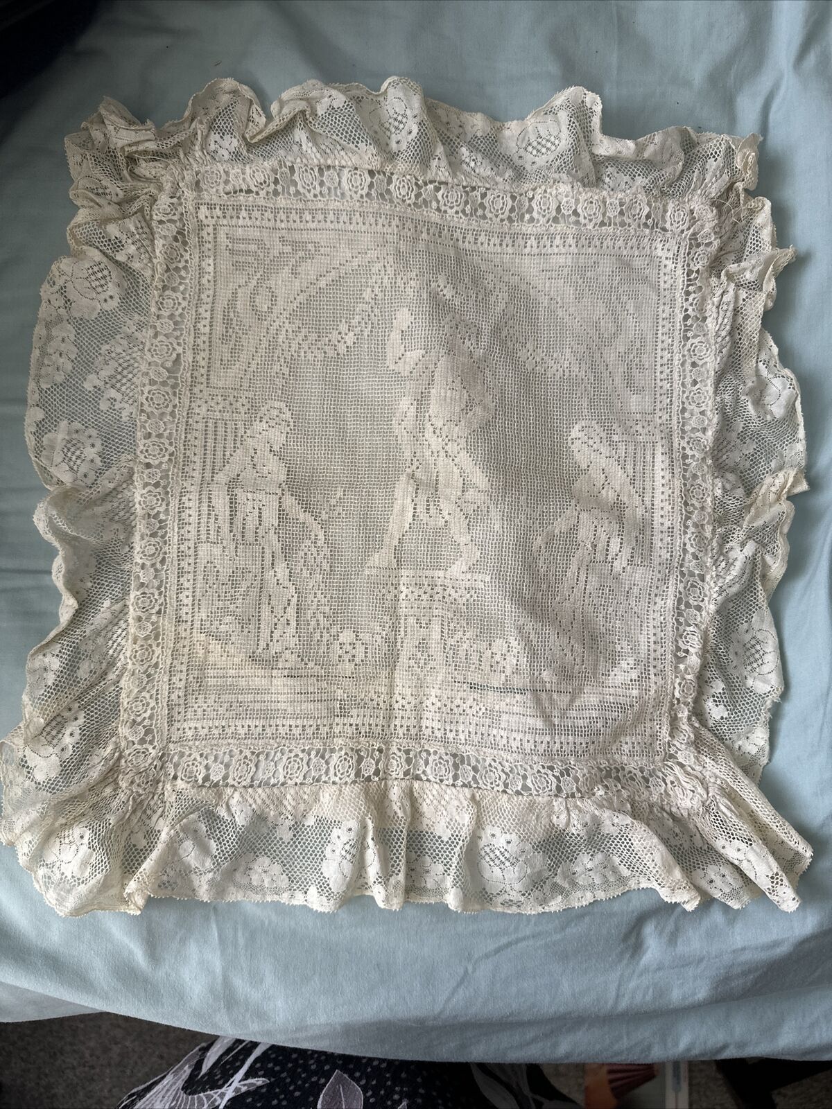 Vintage 15”Square Ecru Lace Pillow Cover Handmade Greek God Figural 11”sq Pillow