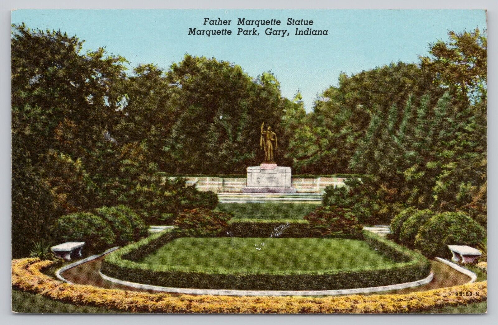 Gary Indiana, Father Marquette Statue, Park, Vintage Postcard
