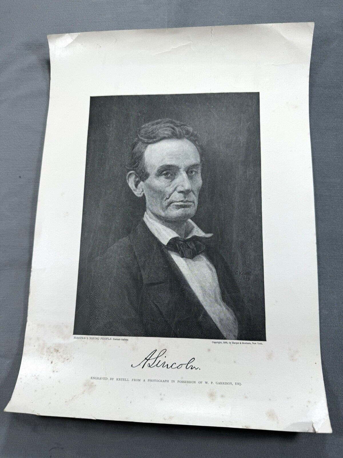 1892 Young Abraham Lincoln ~ Engraver Kruell, Printer Harper & Brothers, NYC