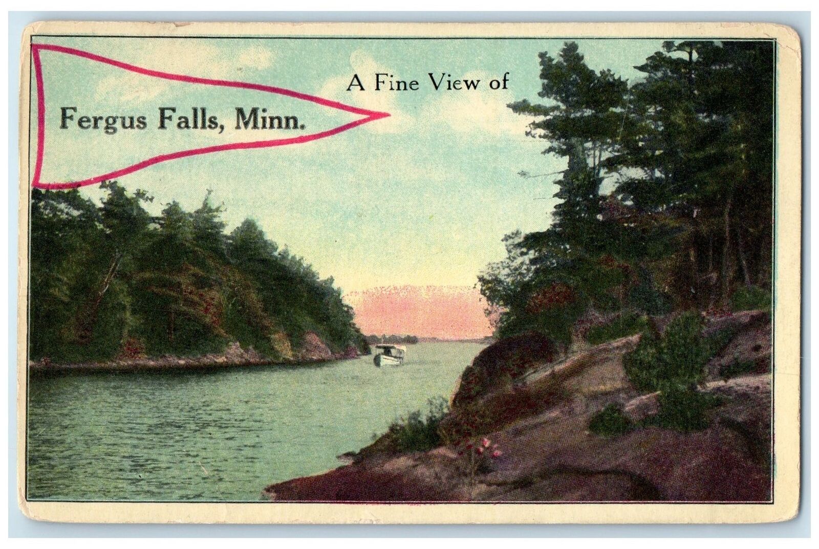 1915 A Fine View Of Fergus Falls Minnesota MN Posted River Trees Boat Postcard