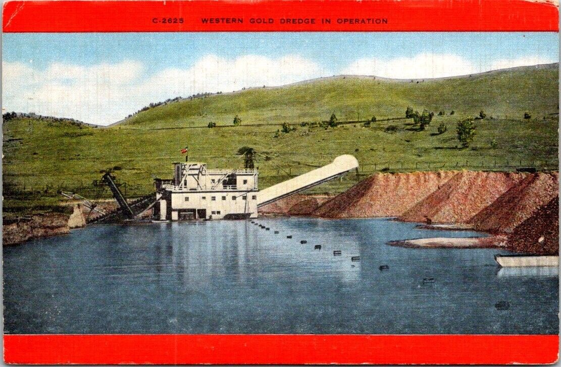 Huge Bucket Gold Dredge Montana MT mining linen postcard