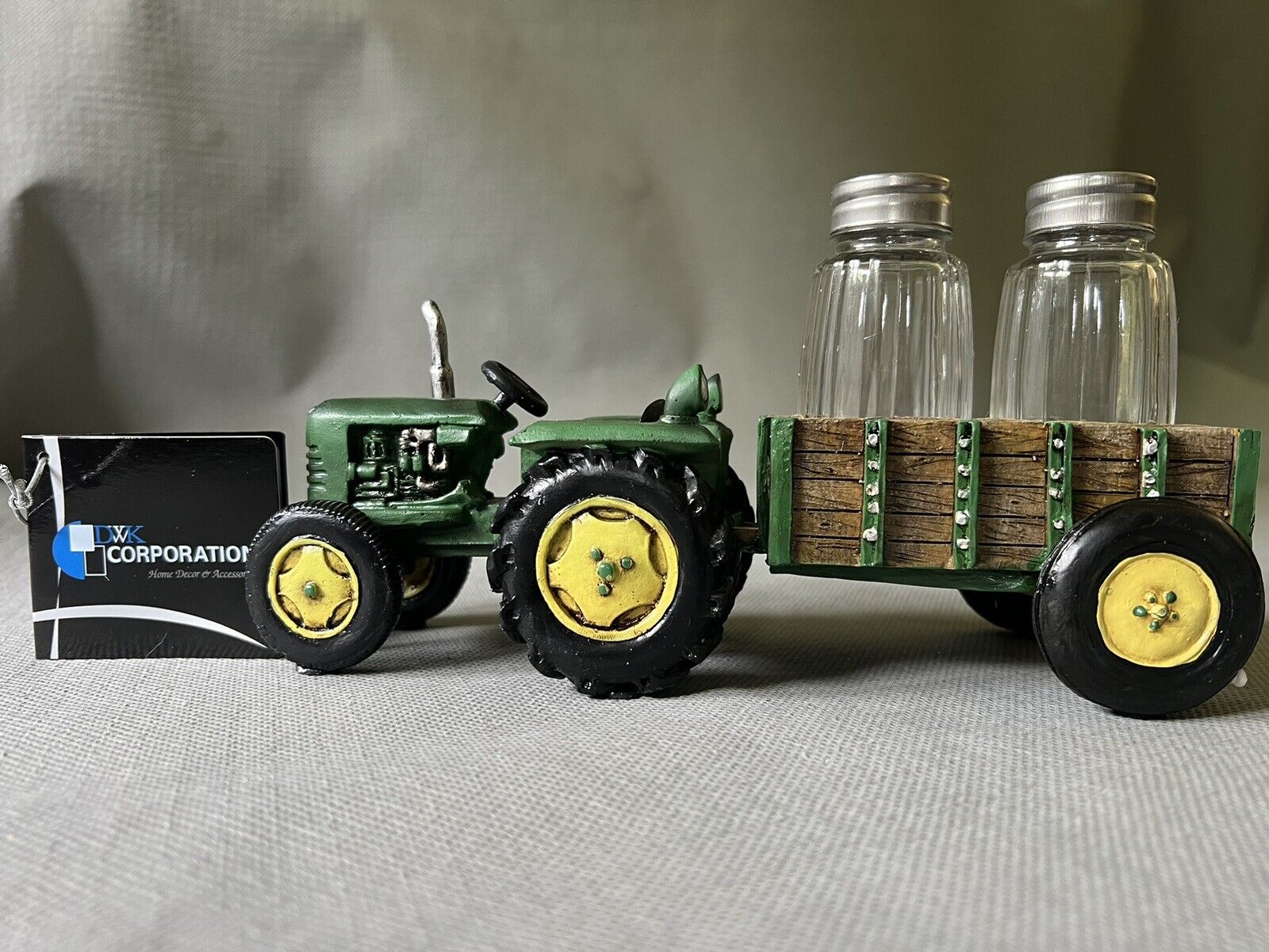 Vintage Country Farm Green Tractor Pulling Wagon Salt And Pepper Shakers Holder
