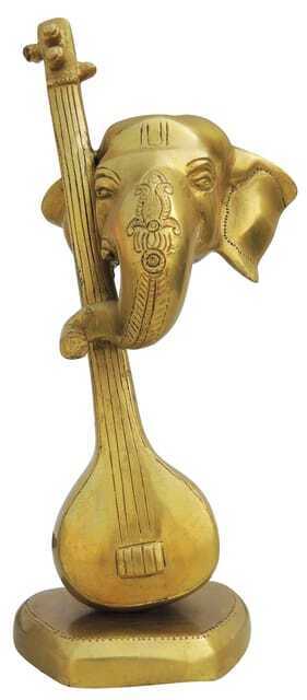 Brass Guitar With Ganesha Statue Religious Showpiece Figurine 11*7.5*8.5 Inch