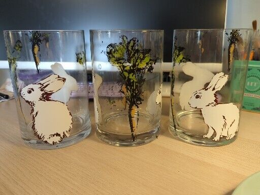 Set Of Three Glass Rabbit And Carrot Container, Peeling Of Some Images 