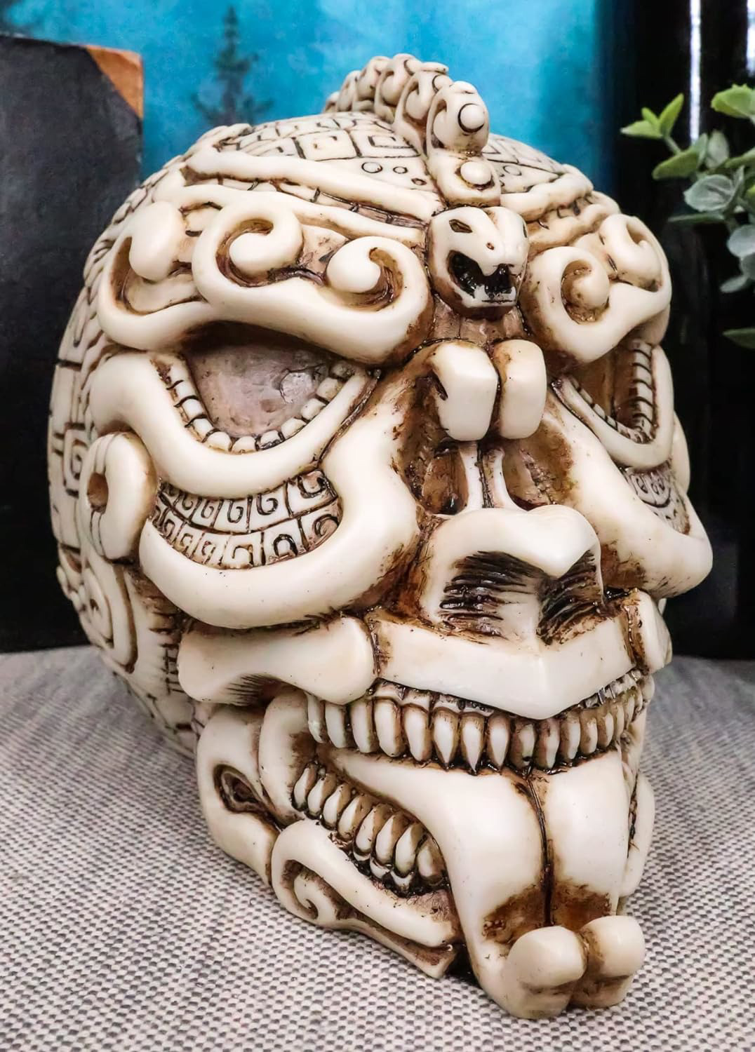 Ebros Gift Aztec Quetzalcoatl Snake Cranium Skull Statue Halloween Skeleton Head