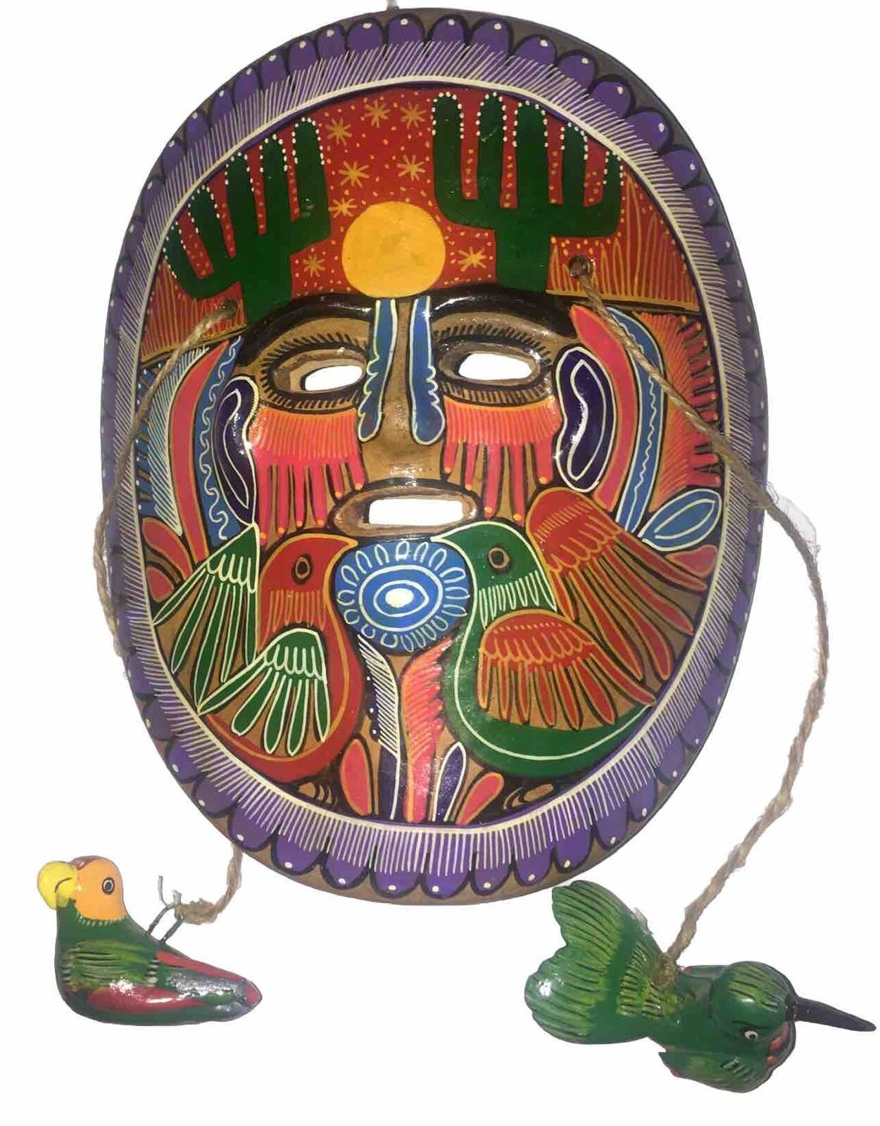 Vintage Mask Mexican Ceramic Hanging Folk Art with Two Birds