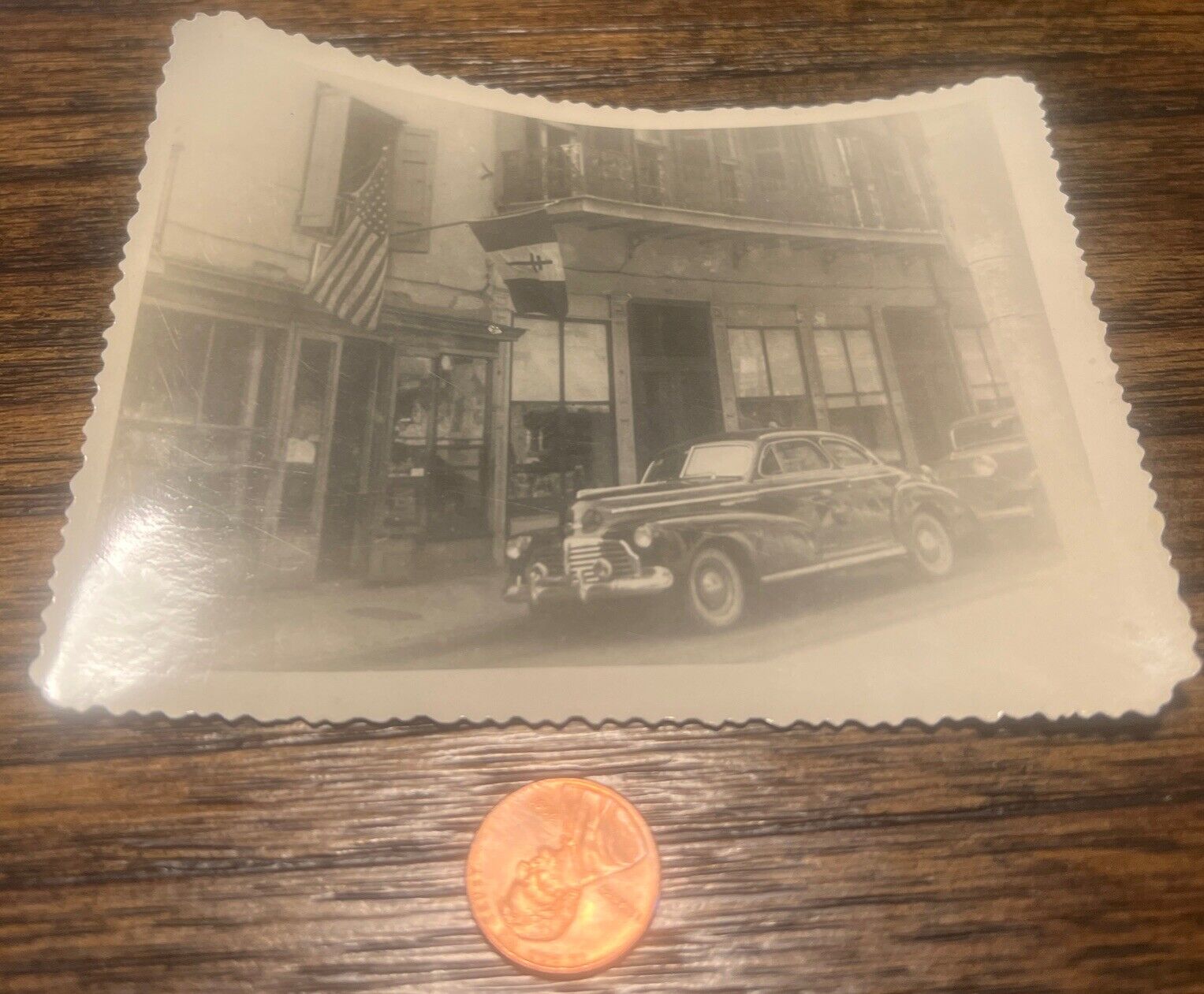 VTG 40’s Snap Shot Photo Car Parked On French Quarter New Orleans Flags