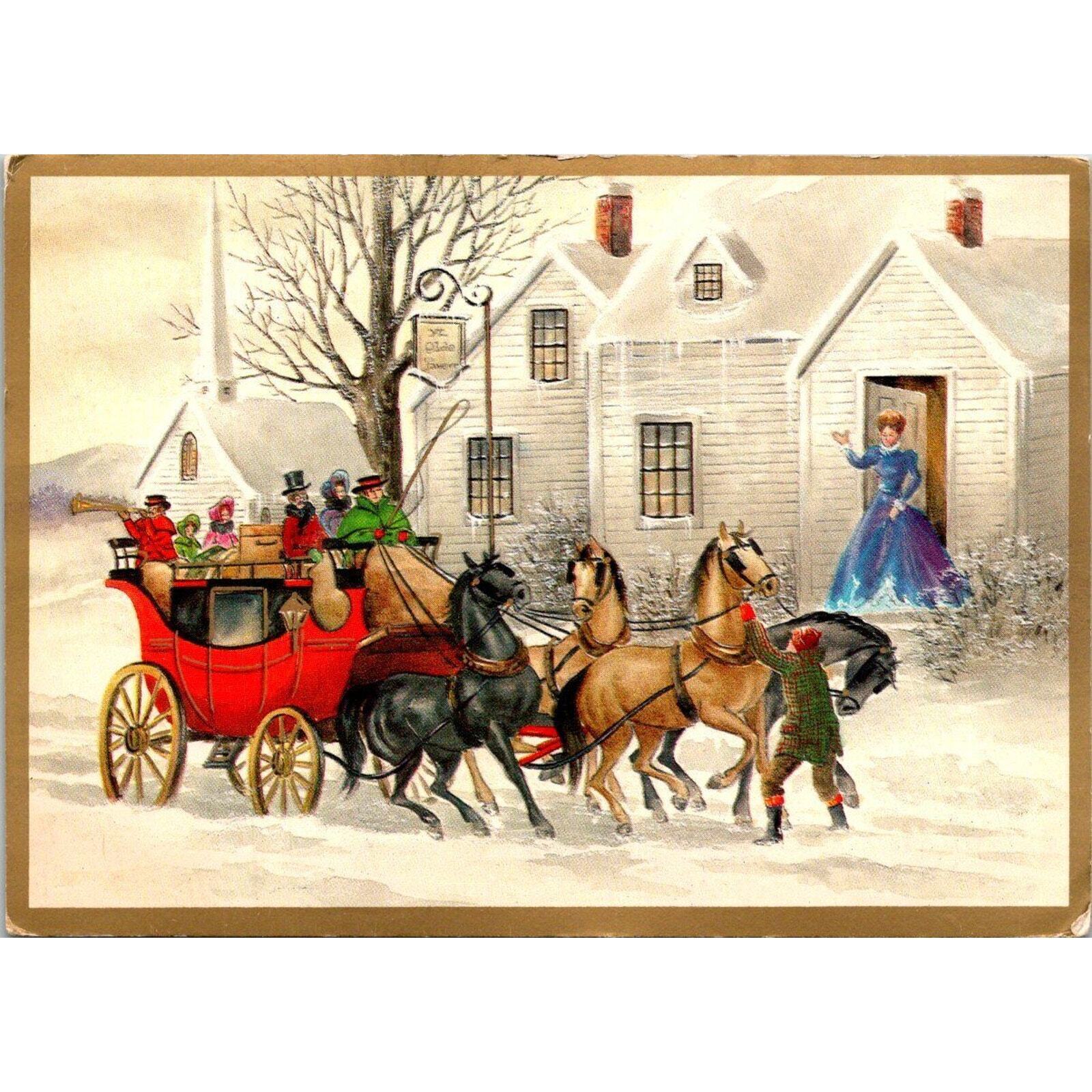 Vintage Christmas Postcard 1970s Sleigh Ride Pretty Snowy Scene Unused