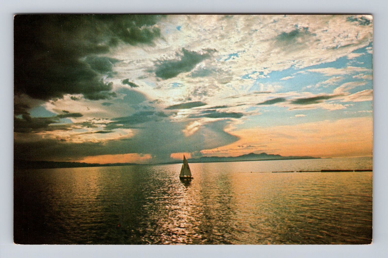 Great Salt Lake UT-Utah, Sunset over Great Salt Lake, Vintage Souvenir Postcard