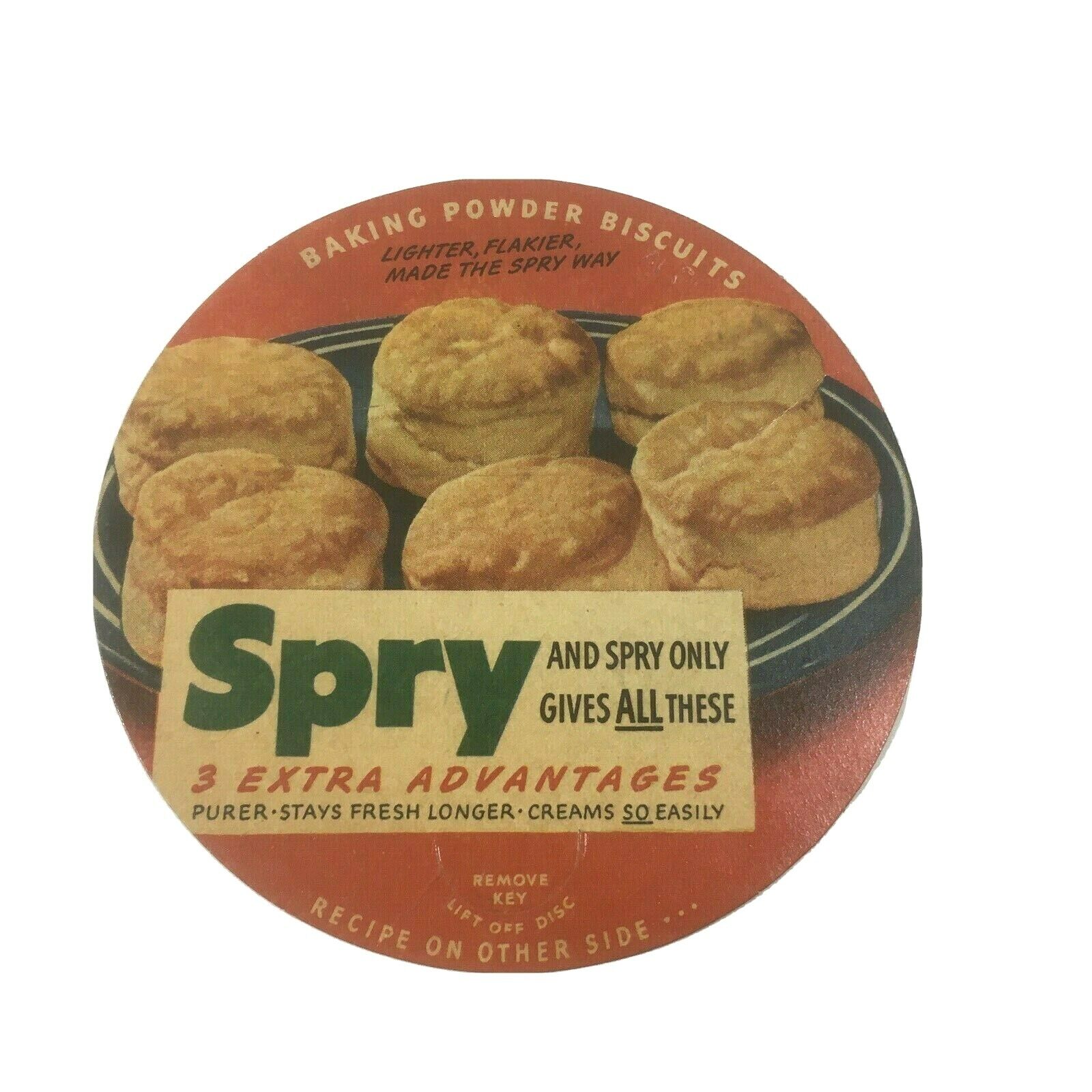 1950\'s Spry Shortening Disc Label Recipes Lever Brothers Purer Biscuits
