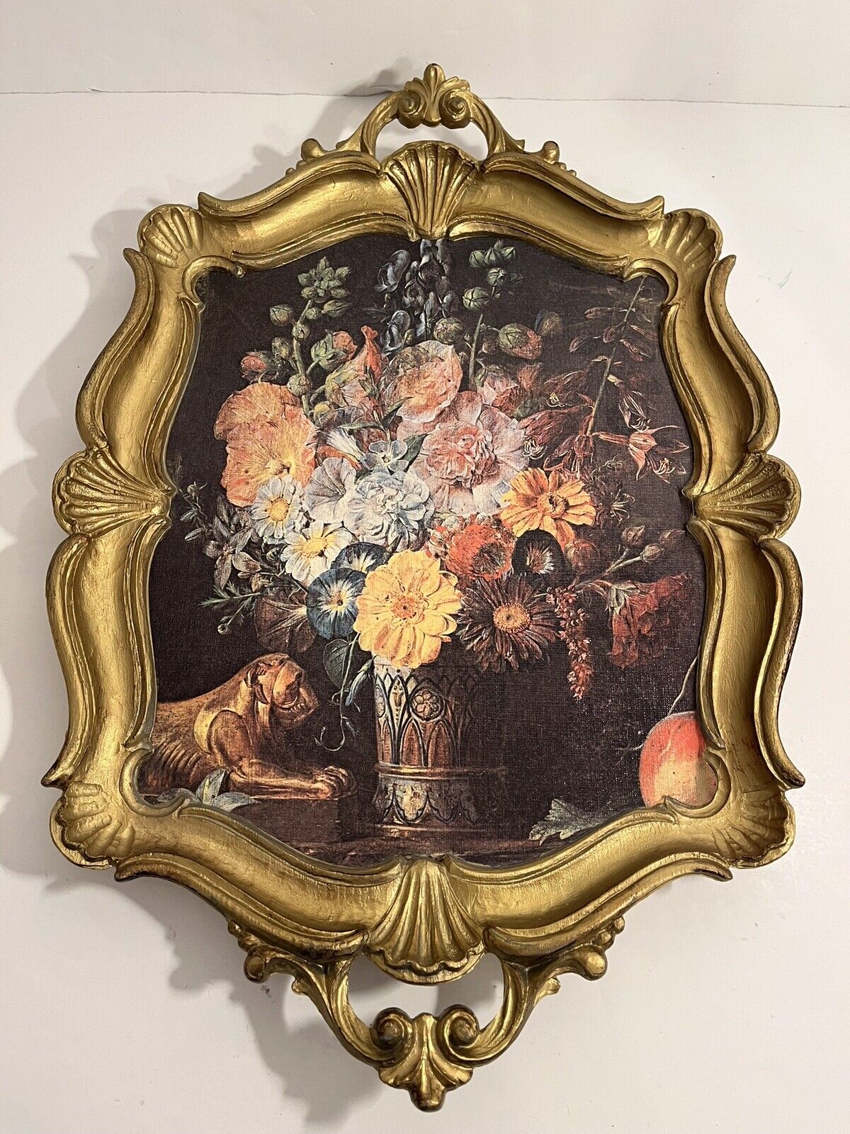 Vintage Italian Gold Tone Tray with Floral Still Life Art in Center 16.5 Inch
