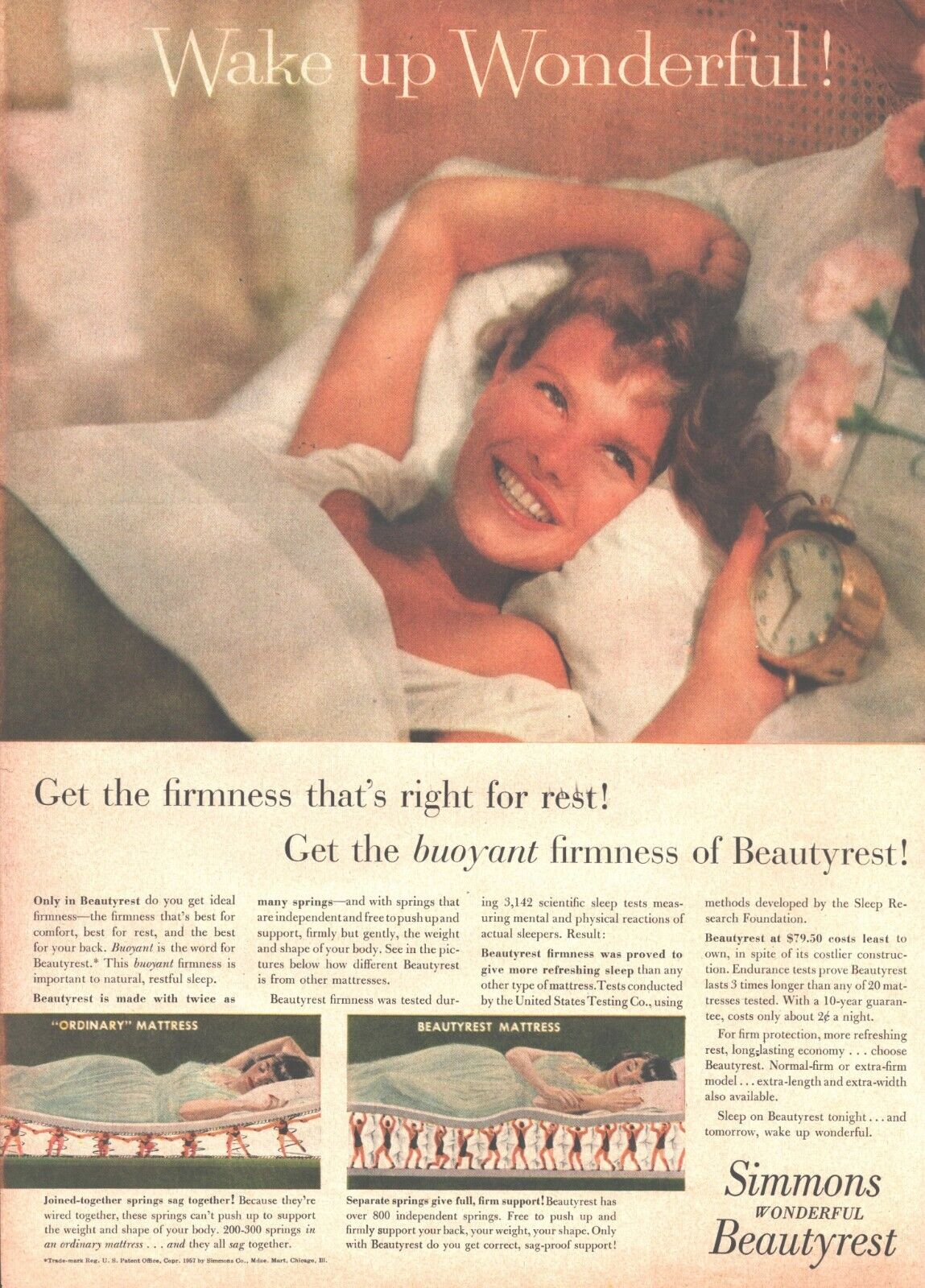 1957 Simmons Beautyrest Mattress Bed Vintage Print Ad Wake Up Wonderful