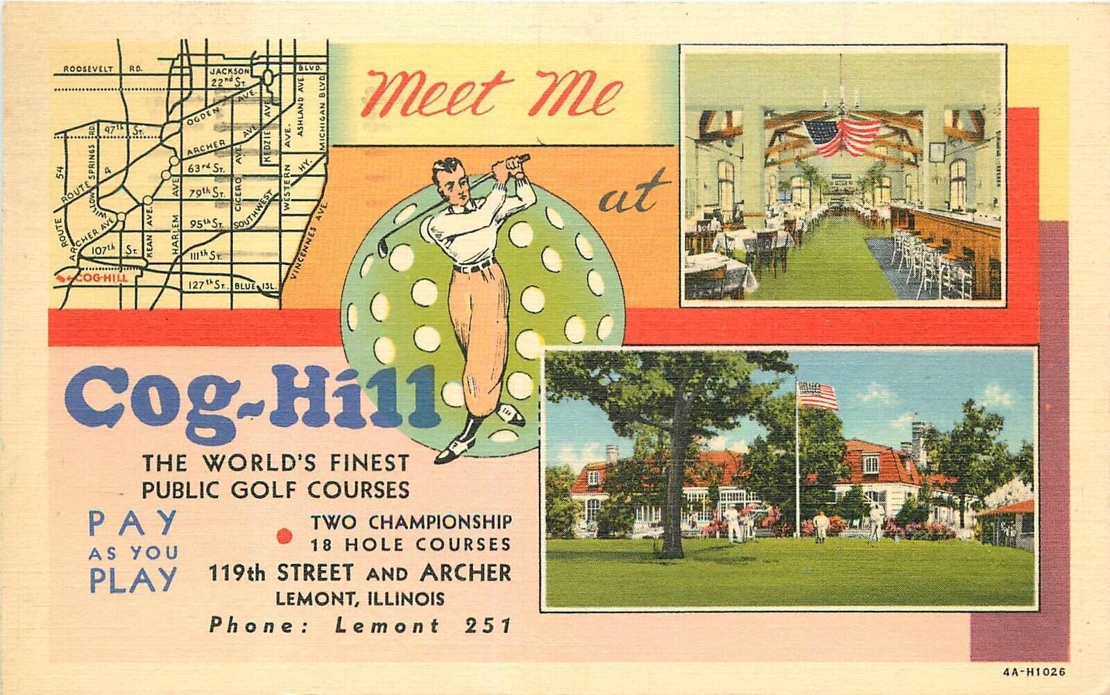 Postcard 1951 Illinois Lemont Cog-Hill Golf Course advertising Teich 23-12558