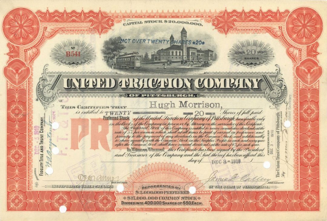 United Traction Co. - 1910-1914 dated Stock Certificate - Railroad Stocks