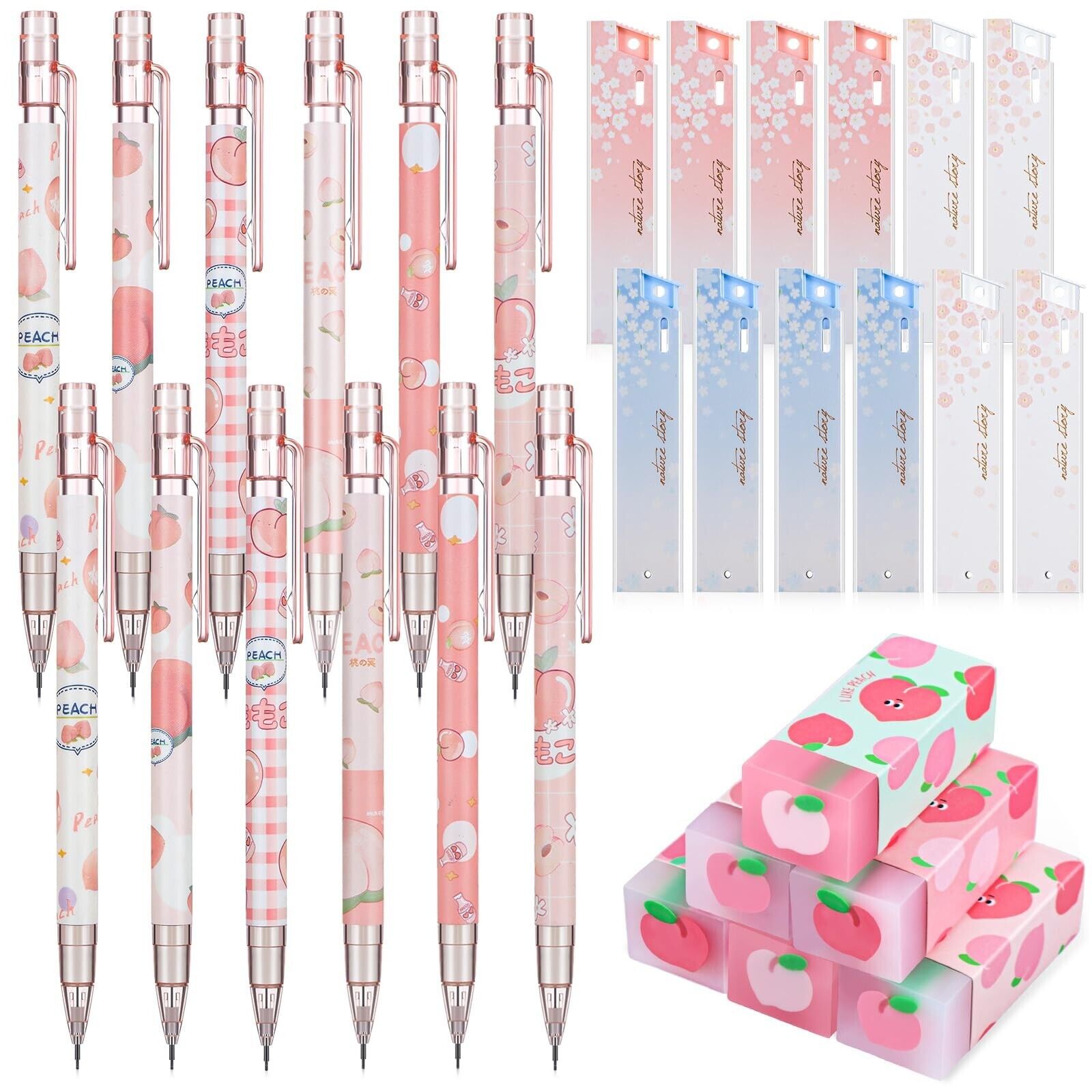 30 Pcs Kawaii Peach Mechanical Pencil Set Include 12 Mechanical Pencils 6 Cut...