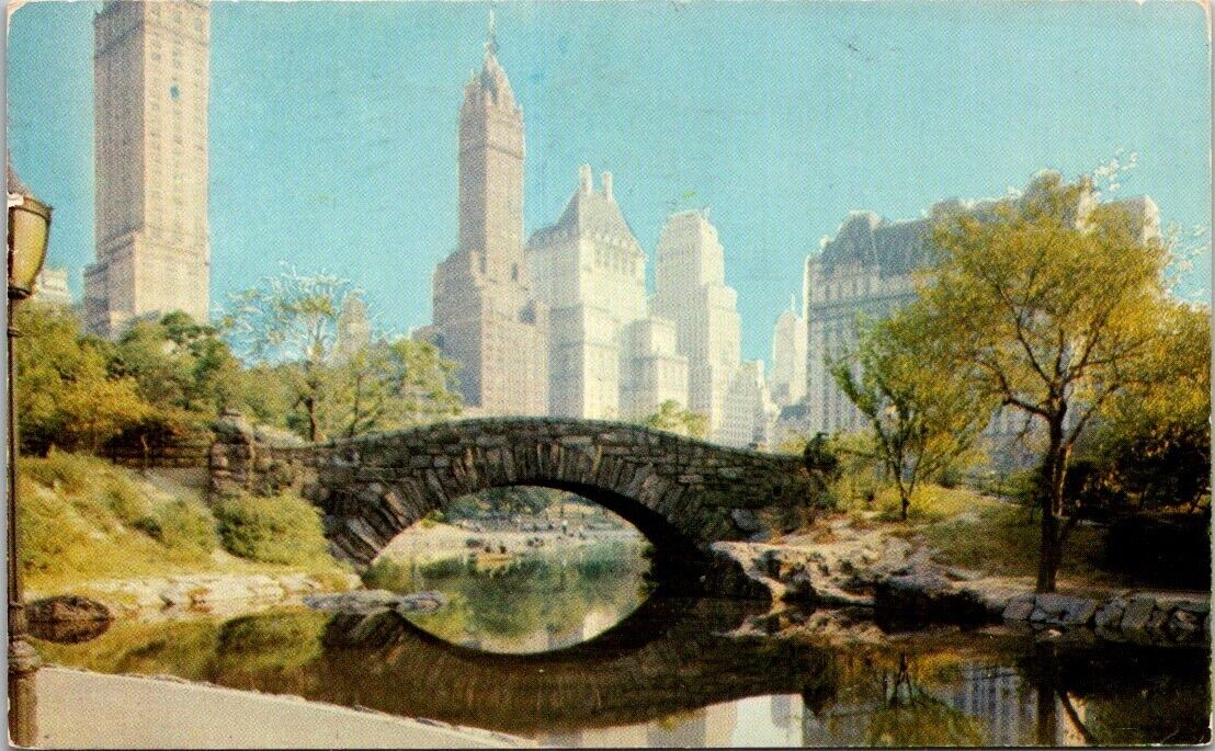 New York City NY Central Park Bridge Serenity Skyscrapers 1960 Vintage Postcard