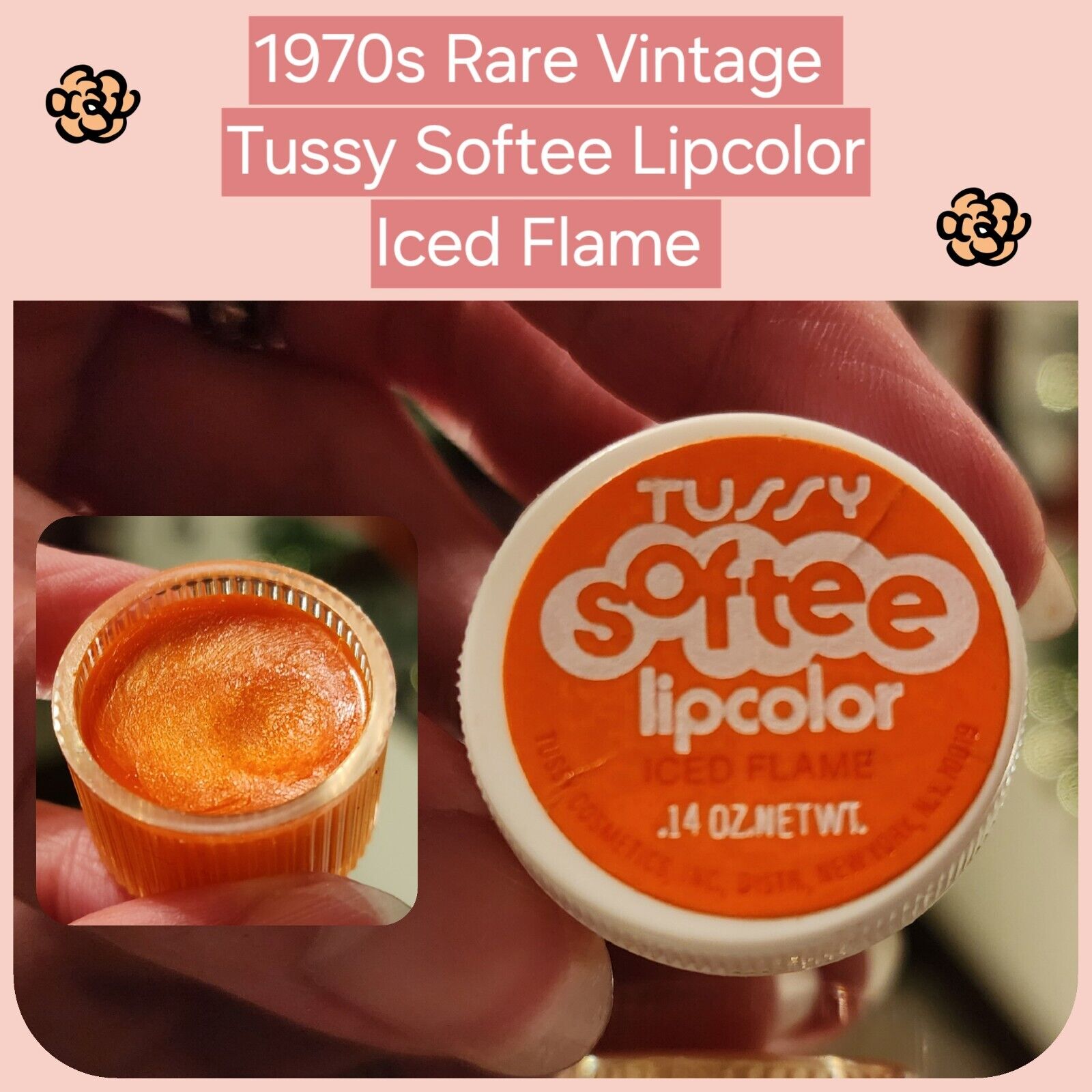 Rare 1970s TUSSY Softee Lipcolor LIP GLOSS Lip POT *ICED FLAME* Mostly Full HTF