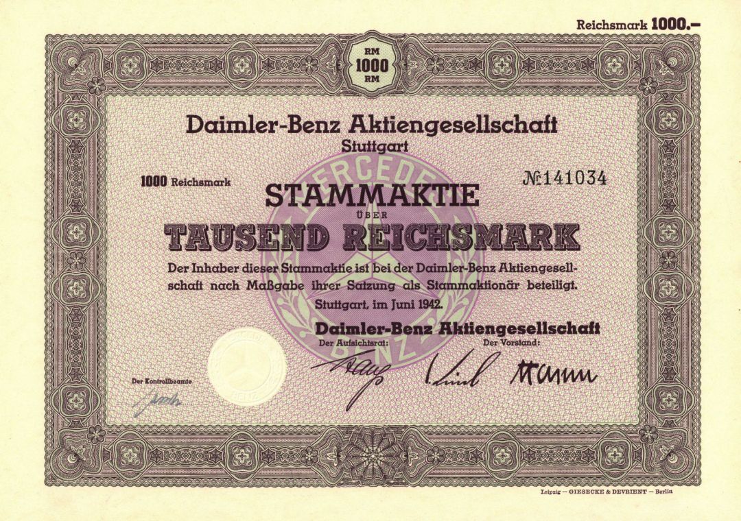 Daimler-Benz Akitengesellschaft Stuttgart - German Automotive Stock Certificate 