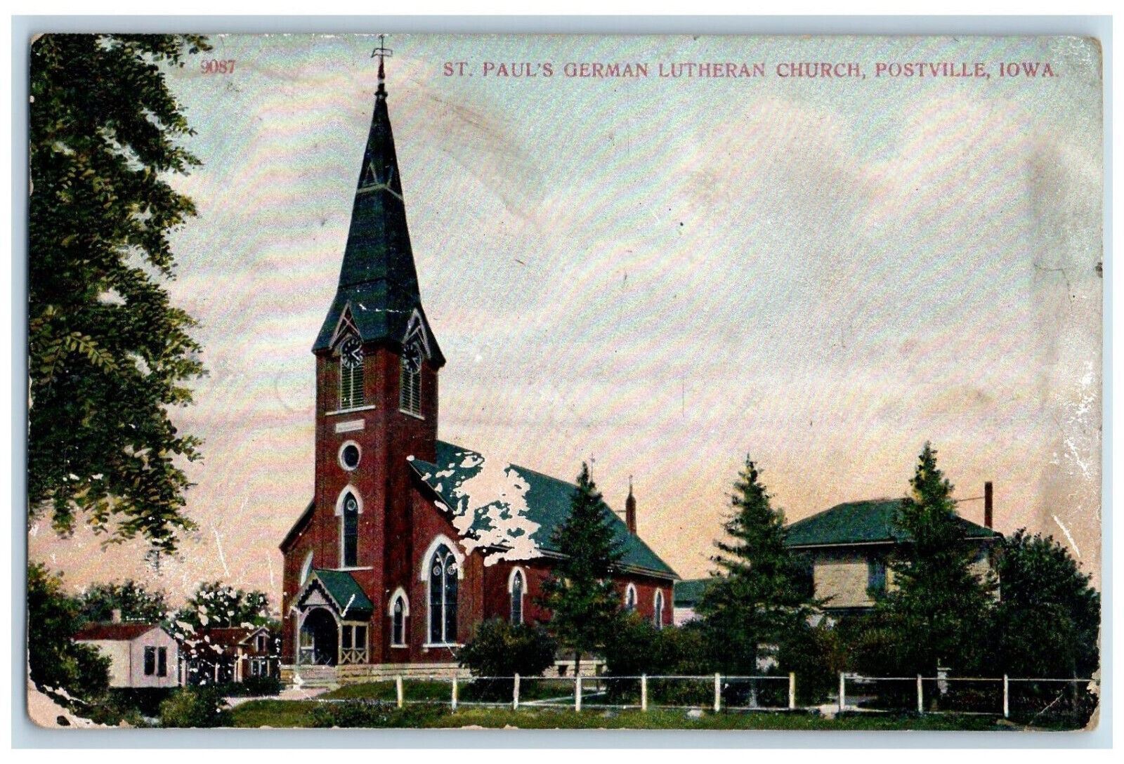 1909 St. Paul's German Lutheran Church, Postville Iowa IA Antique Postcard