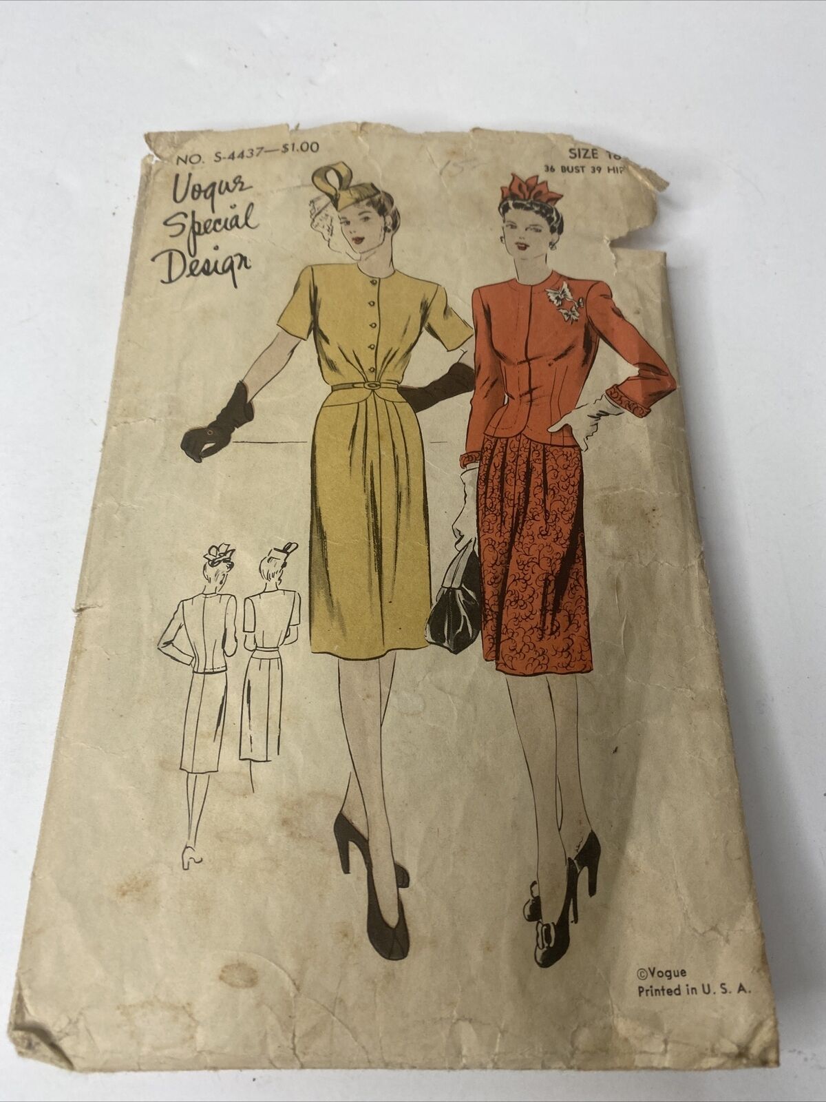 Vogue Special Design 4437 Vintage Sewing Pattern 1930s 1940s Dress Suit Sz 18