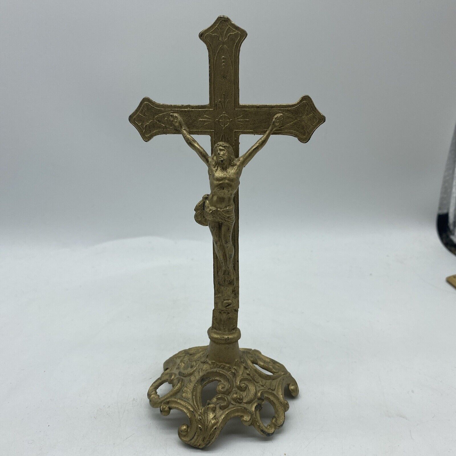 Vintage Cast Iron  Crucifix 7” High  Ornate Gold Color