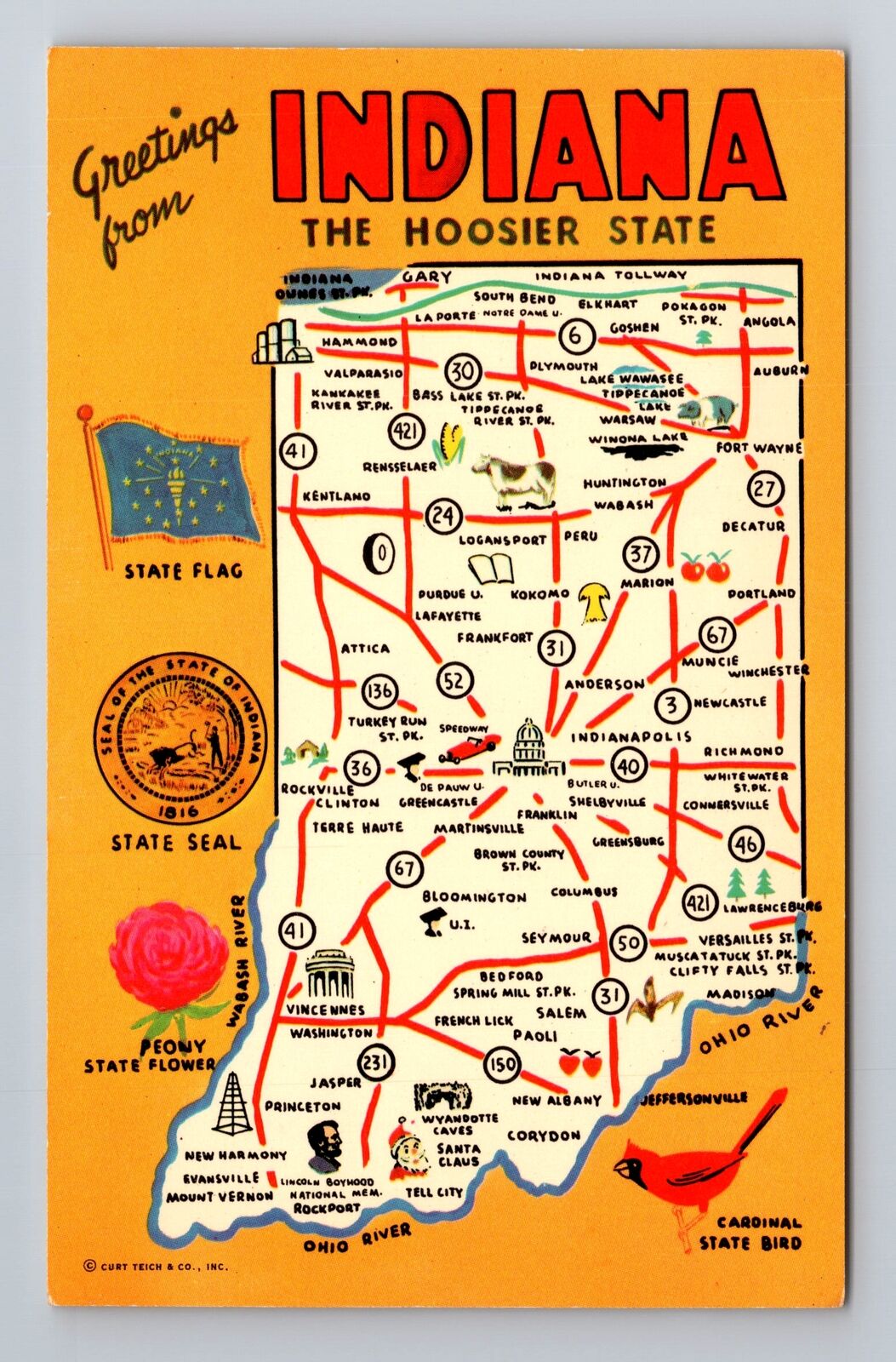 IN-Indiana, General Road Map Greetings, Antique Vintage Souvenir Postcard