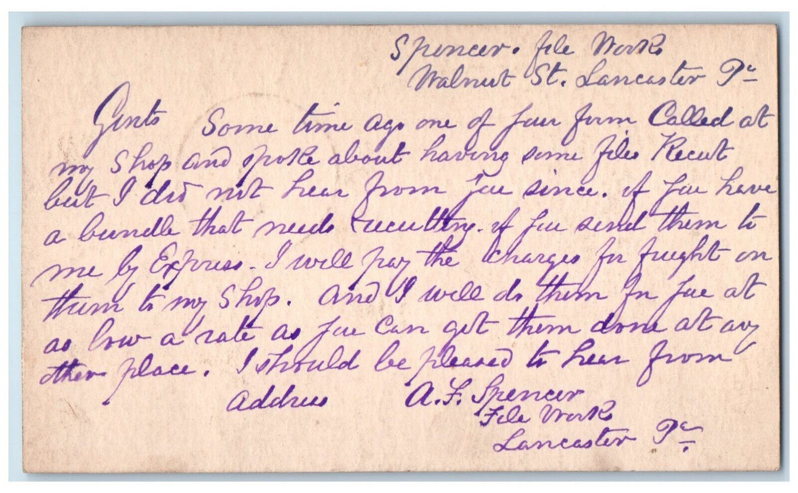 c1880\'s A.F. Spencer Letter About Files Recut Lancaster PA Antique Postal Card