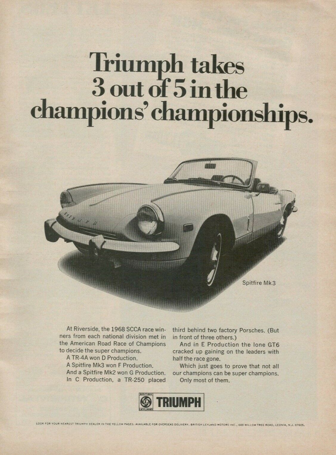 1969 Triumph Spitfire Mk 3 1968 SCCA Champion American Road Vintage Print Ad