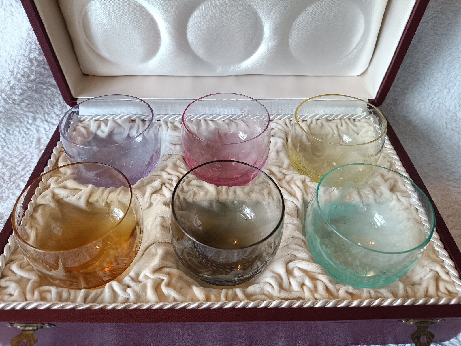Vintage Bohemia Moser Coloured Culbuto Shot Liquor Glass Boxed Set Of 6