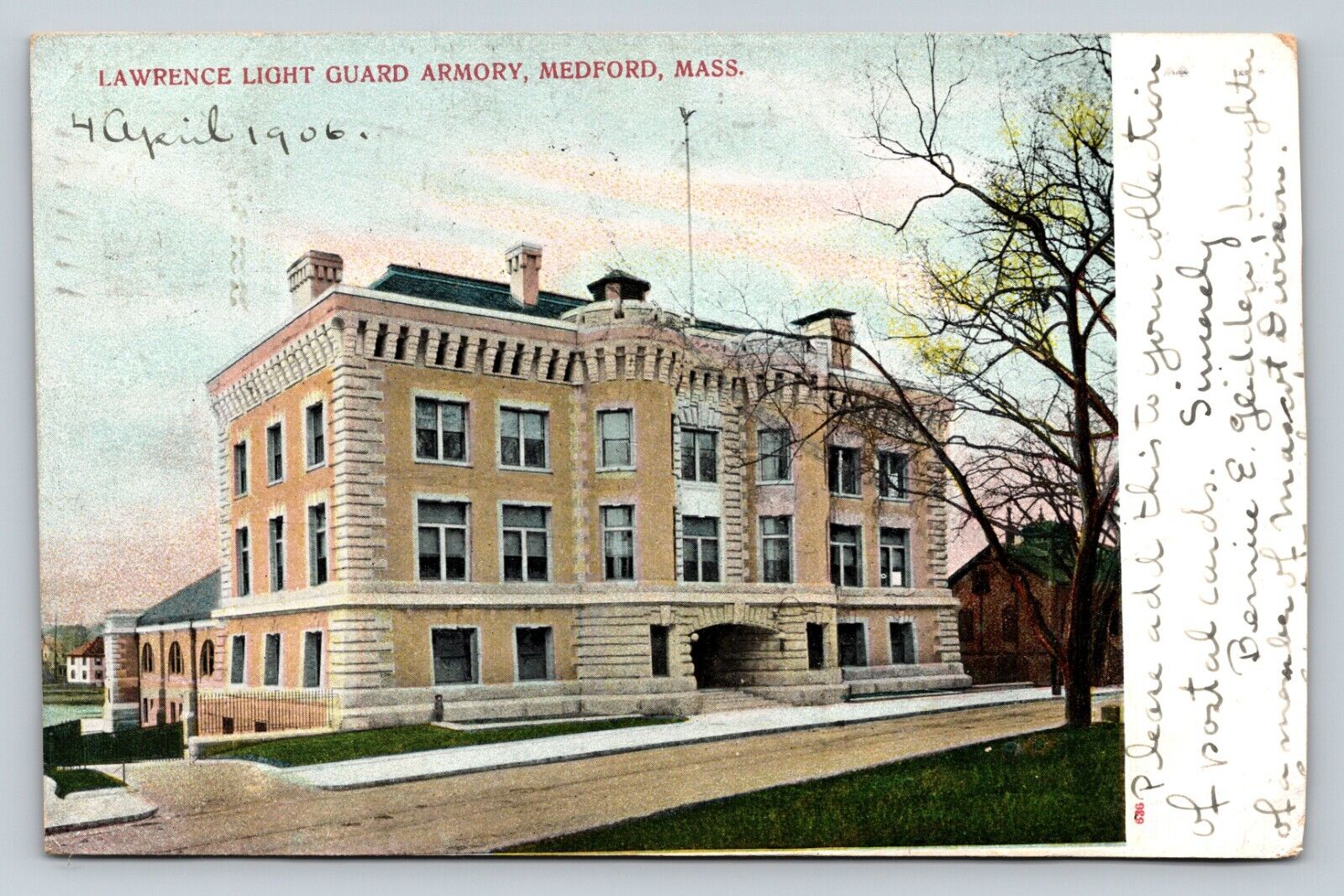  c1906 Medford Massachusetts MA Lawrence Light Guard Armory ANTIQUE Postcard
