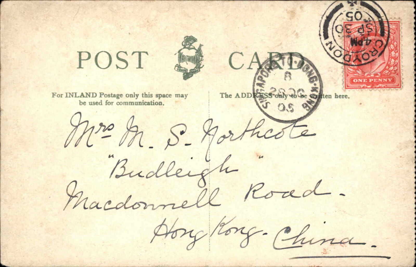 London China Postal History SINGAPORE TO HONGKONG Cancel c1905 Postcard