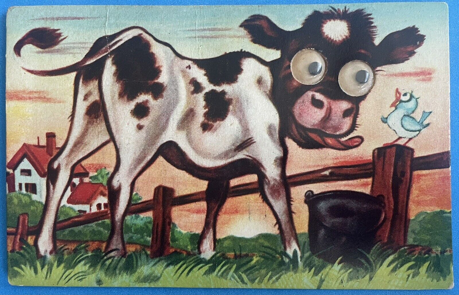 Vintage Postcard with Googly-Eyed Cow, Bird, and Squeaker - 1950s Farm Scene