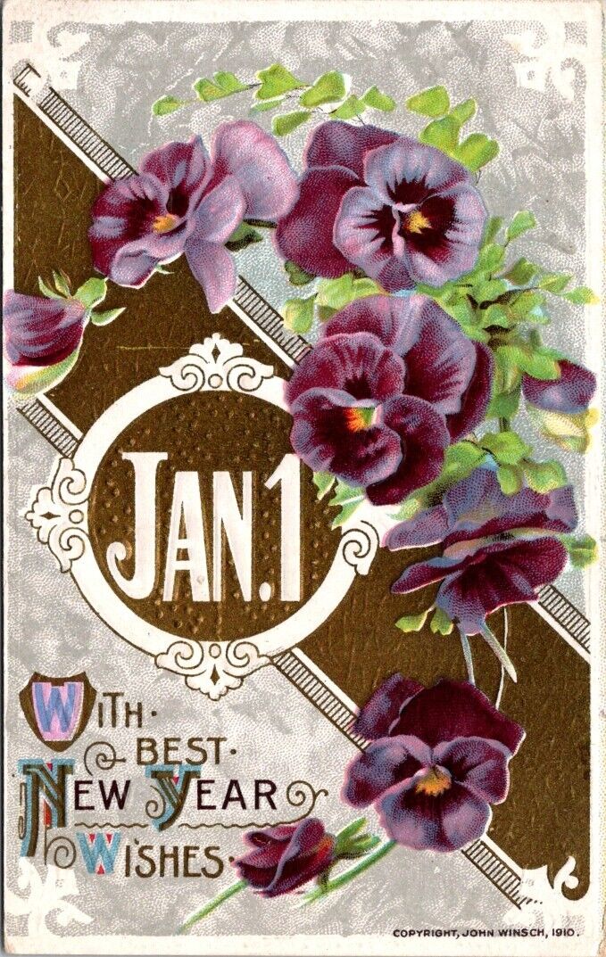 New Year John Winsch Pansy Purple Flowers Gold Embossed c1910 postcard EP2