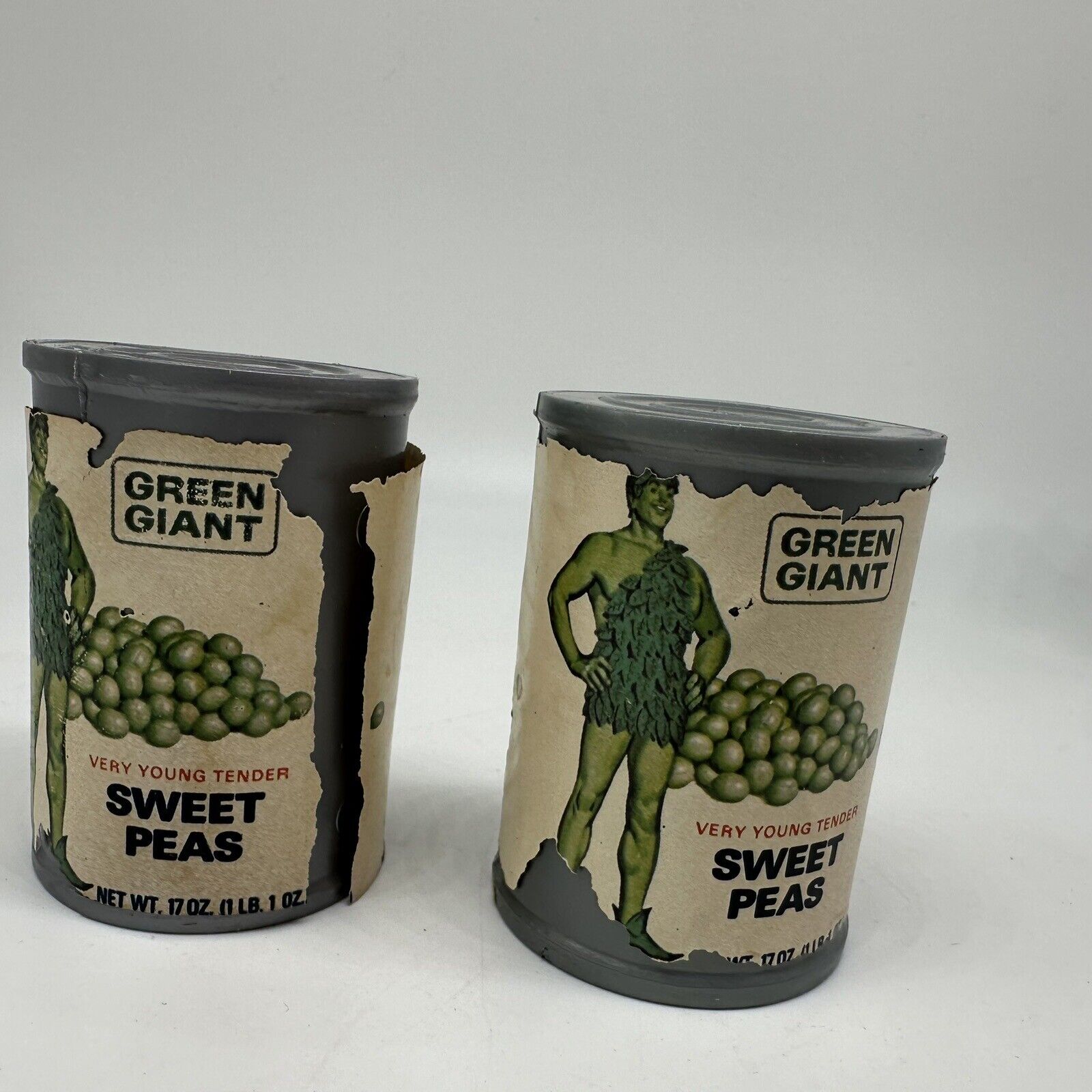 TWO Vintage Green Giant Sweet Peas Cans Plastic Play Food Empty Faux Mini 1970s
