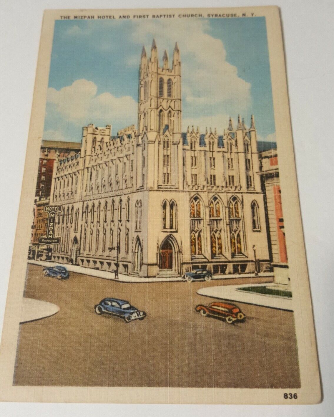 1930s linen postcard FIRST BAPTIST CHURCH Mizpah Hotel SYRACUSE New York