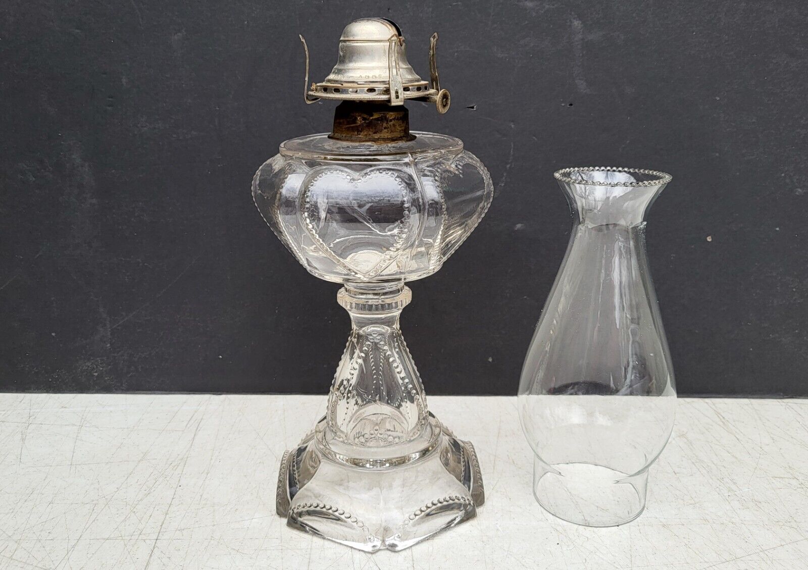 Queen Heart Kerosene Lamp SWEETHEART Clear Glass Antique c1890s w Chimney