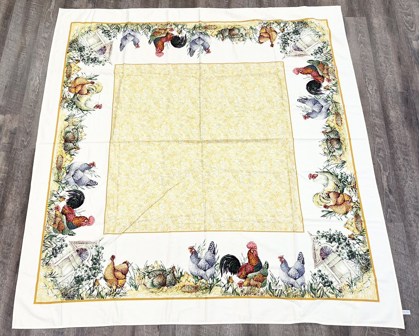 Vtg. PIERRE FREY Farm Chickens Tablecloth 70”x70” Square 100% Cotton NWOT Rare