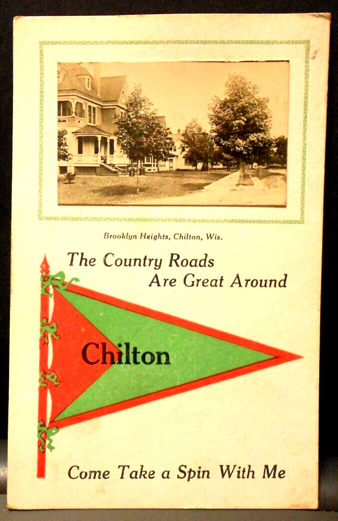 Vtg. (1914) CHILTON, Wisconsin RPPC Pennant Postcard--Brooklyn Heights