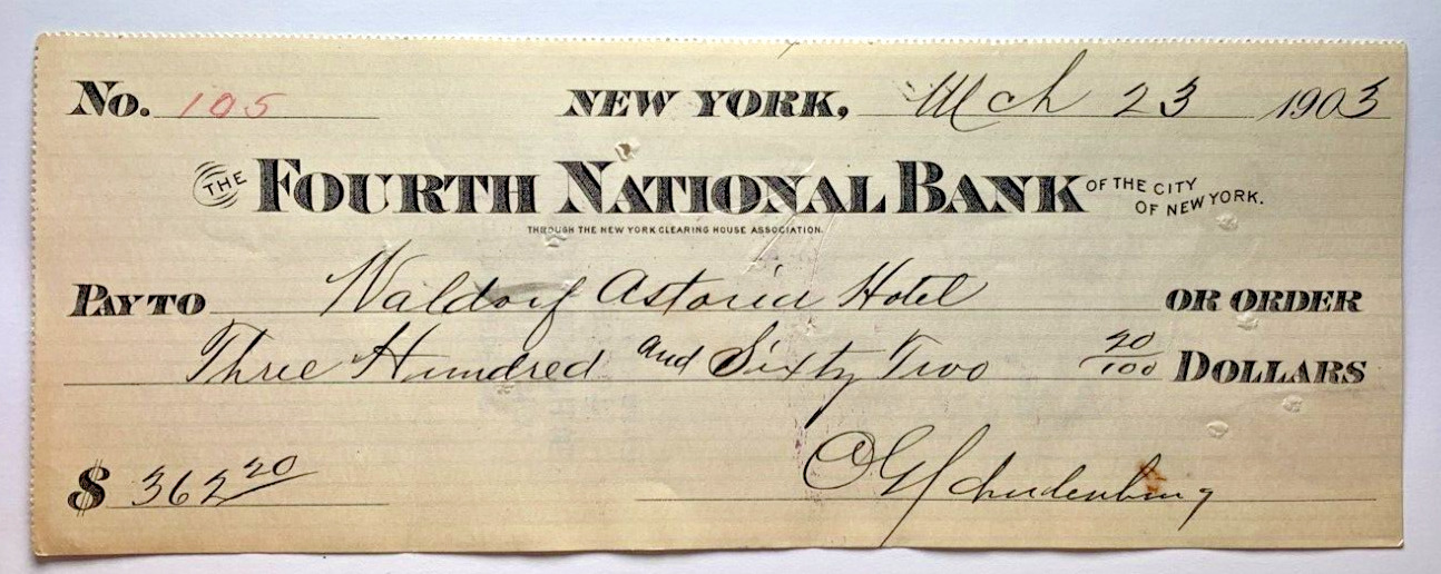Fourth National Bank New York City 1903 Cancelled Check Waldorf Astoria Hotel