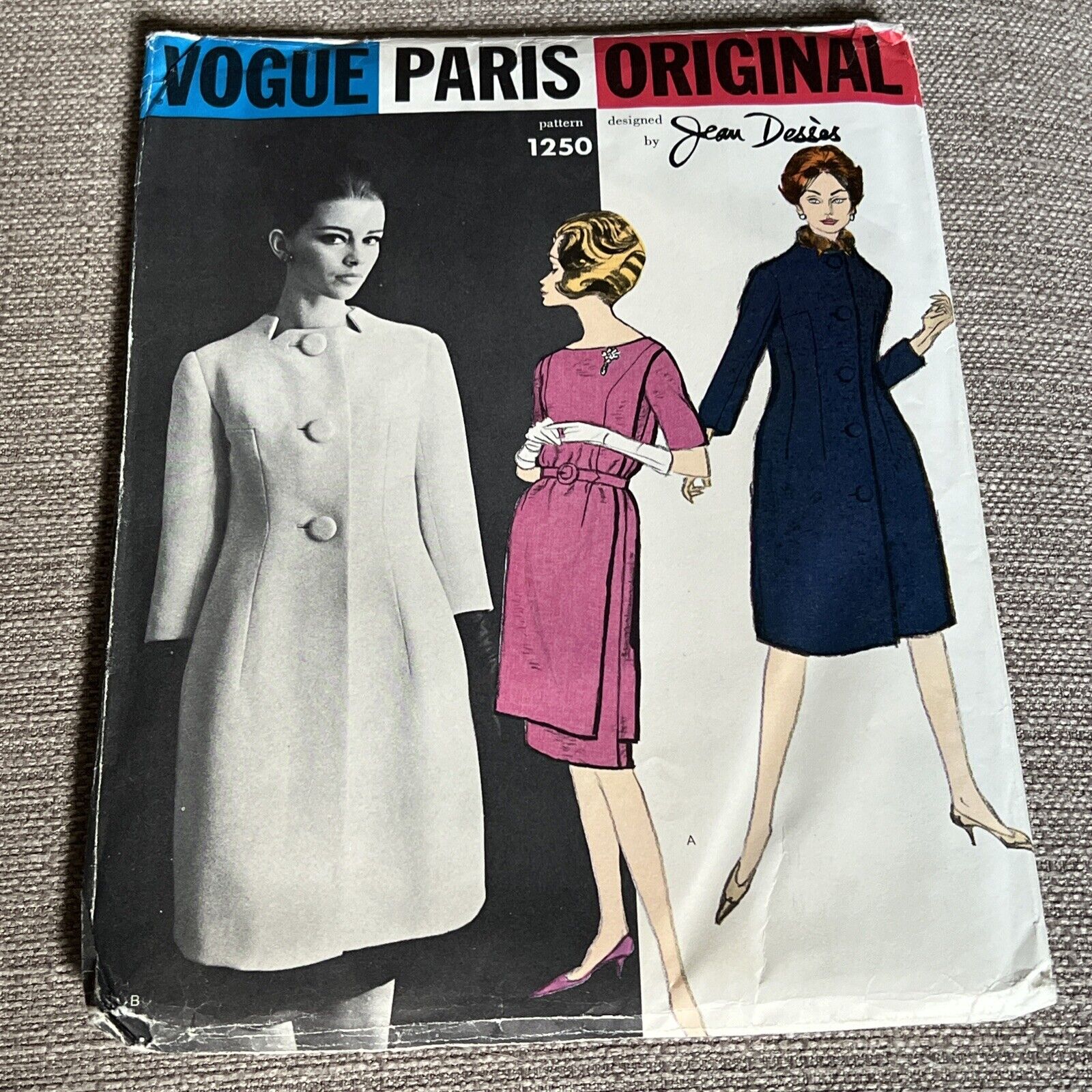 60s VOGUE PARIS ORIGINAL Sewing Pattern JEAN DESSES 1250 UNCUT Dress Coat Sz 14